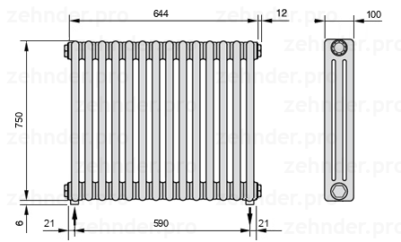 Схема (чертеж) Радиатор Zehnder Charleston 3075/14 №3570 Белый глянцевый RAL 9016